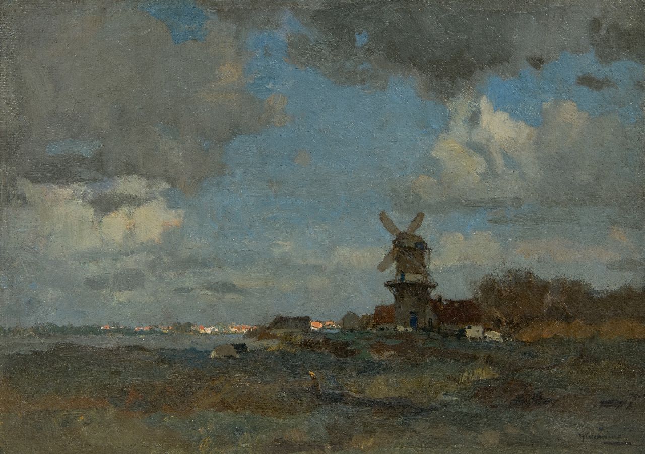 Wenning IJ.H.  | IJpe Heerke 'Ype' Wenning | Paintings offered for sale | Polder landscape with cattle and mill, oil on canvas 22.7 x 31.3 cm, signed l.r. and without frame