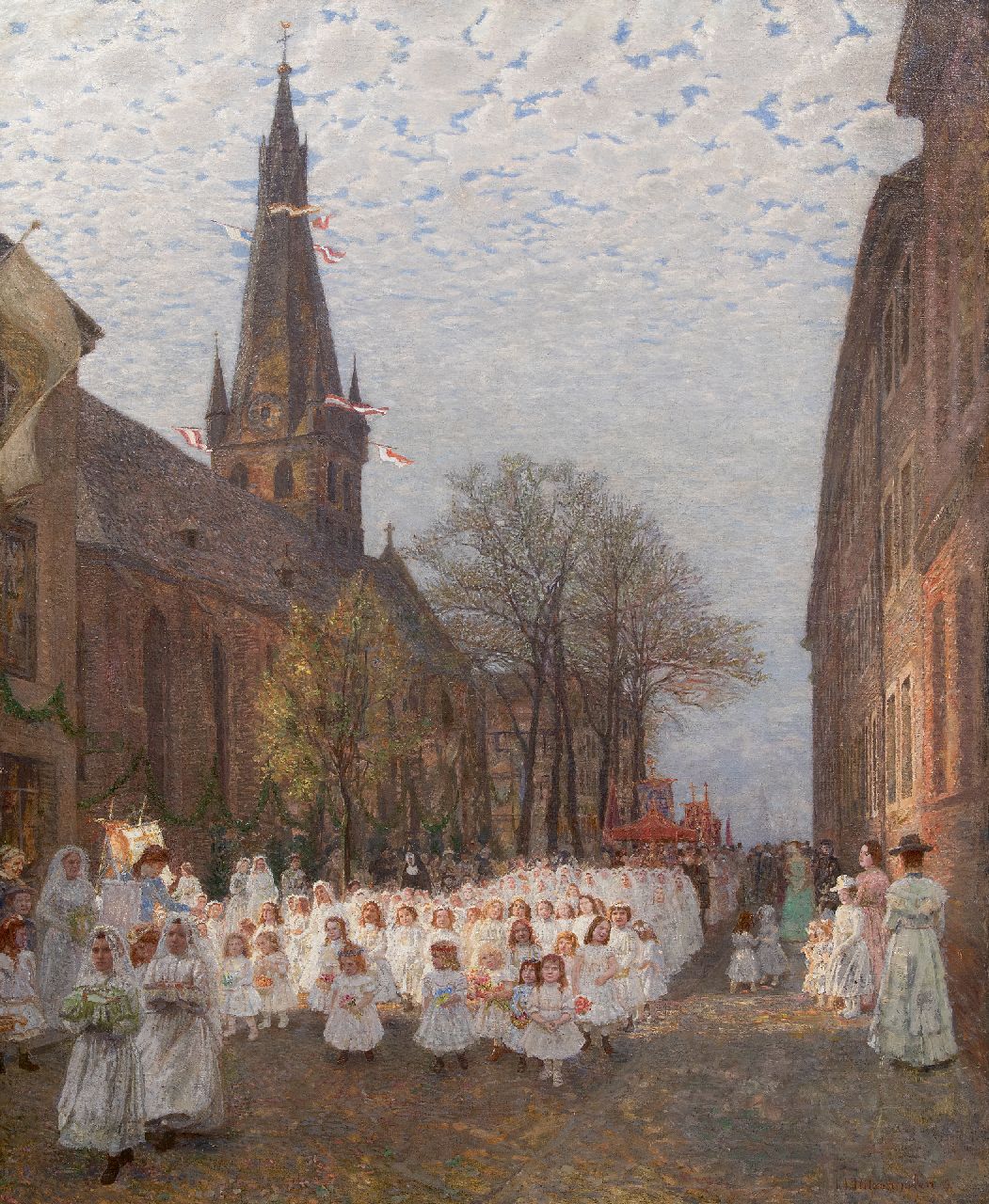 Ritzenhofen H.  | Hubert Ritzenhofen | Paintings offered for sale | Procession of the first communicants alongside church of St. Lambertus in Düsseldorf, oil on canvas 116.9 x 96.0 cm, signed l.r. and dated '09, without frame
