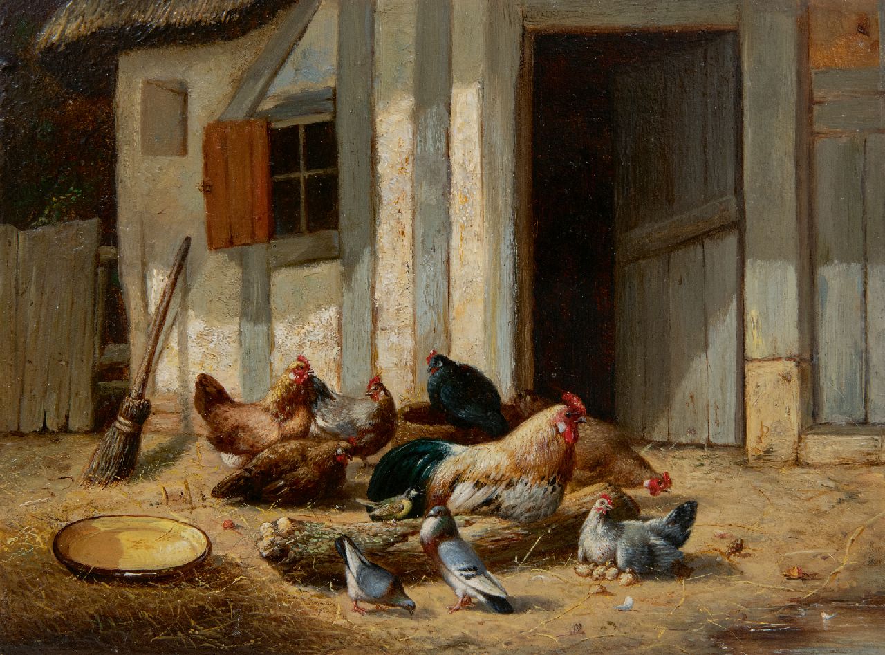 Eugène Remy Maes | Haan en kippen op het boerenerf, olieverf op paneel, 17,8 x 24,0 cm, 1860