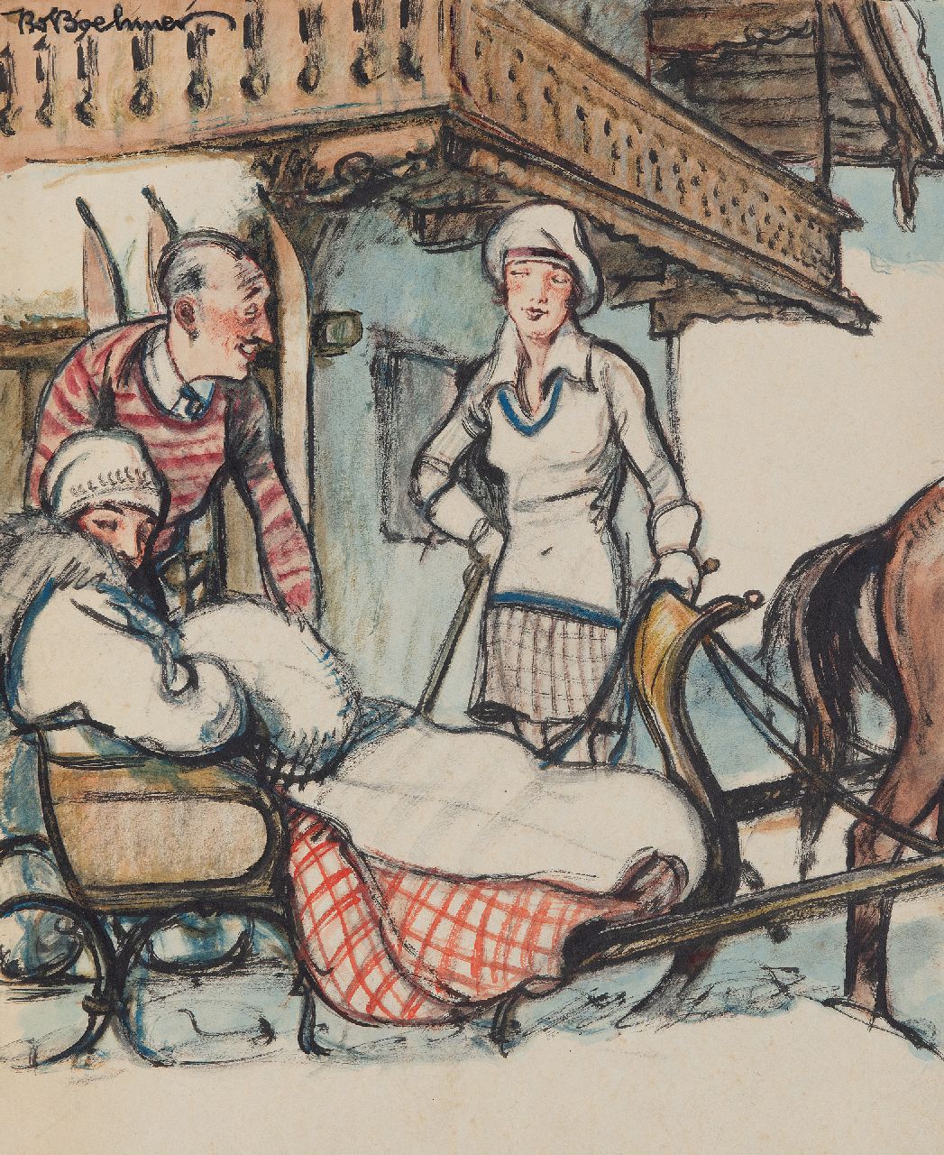 Boehmer K.W.  | Karl Wolfgang Boehmer | Watercolours and drawings offered for sale | With the sleigh, watercolour and gouache on paper 39.7 x 32.8 cm, signed u.l. and without frame