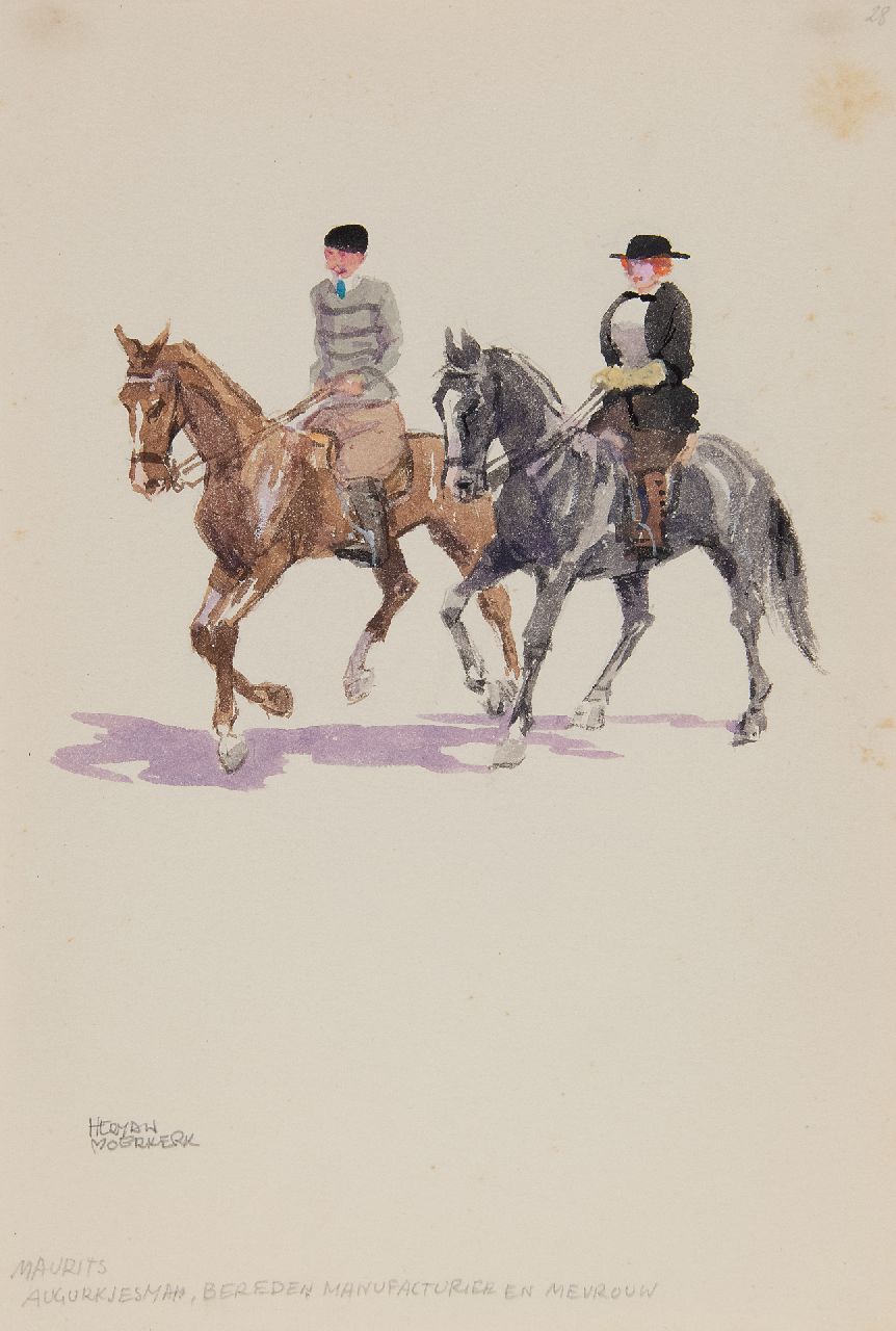 Moerkerk H.A.J.M.  | Hermanus Antonius Josephus Maria 'Herman' Moerkerk, Zandvoort: Maurits augurkjesman, bereden manufacturier en mevrouw, potlood en aquarel op papier 25,5 x 17,1 cm, gesigneerd linksonder