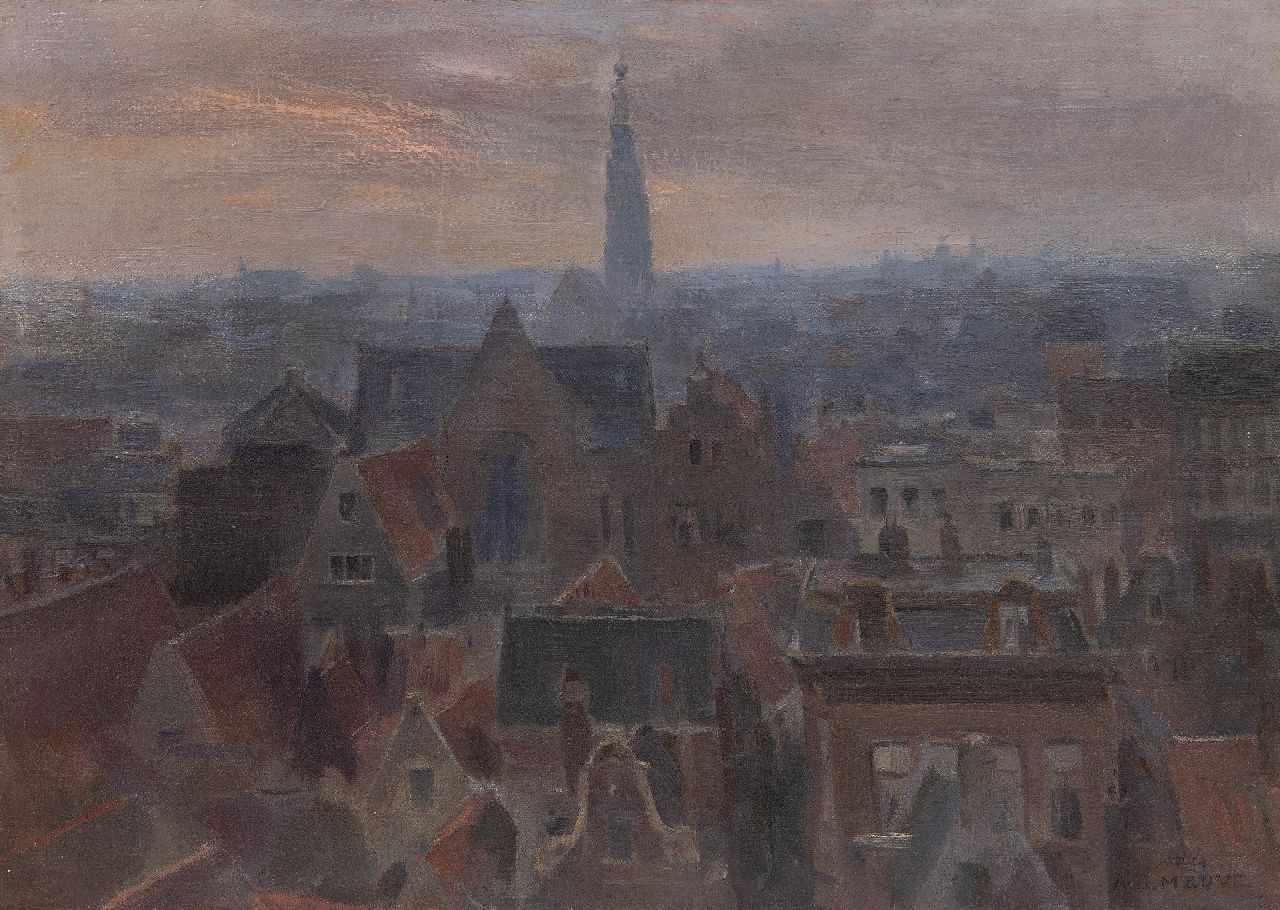 Mauve jr. A.R.  | Anton Rudolf Mauve jr. | Schilderijen te koop aangeboden | Uitzicht over Amsterdamse daken en de Westertoren, olieverf op doek 35,9 x 49,6 cm, gesigneerd met rechtsonder stempel 'Atelier A.R. Mauve' en zonder lijst