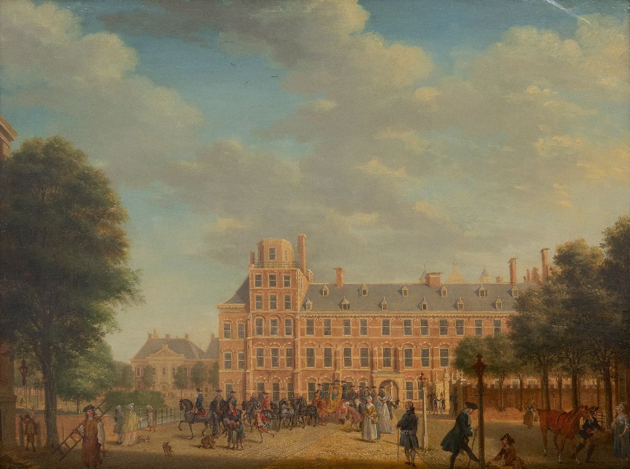 Haag T.P.C.  | Tethard Philipp Christian Haag, Gezicht op het Stadhouderlijk Kwartier met een vertrekkende Prins Willem V, olieverf op paneel 49,8 x 66,4 cm