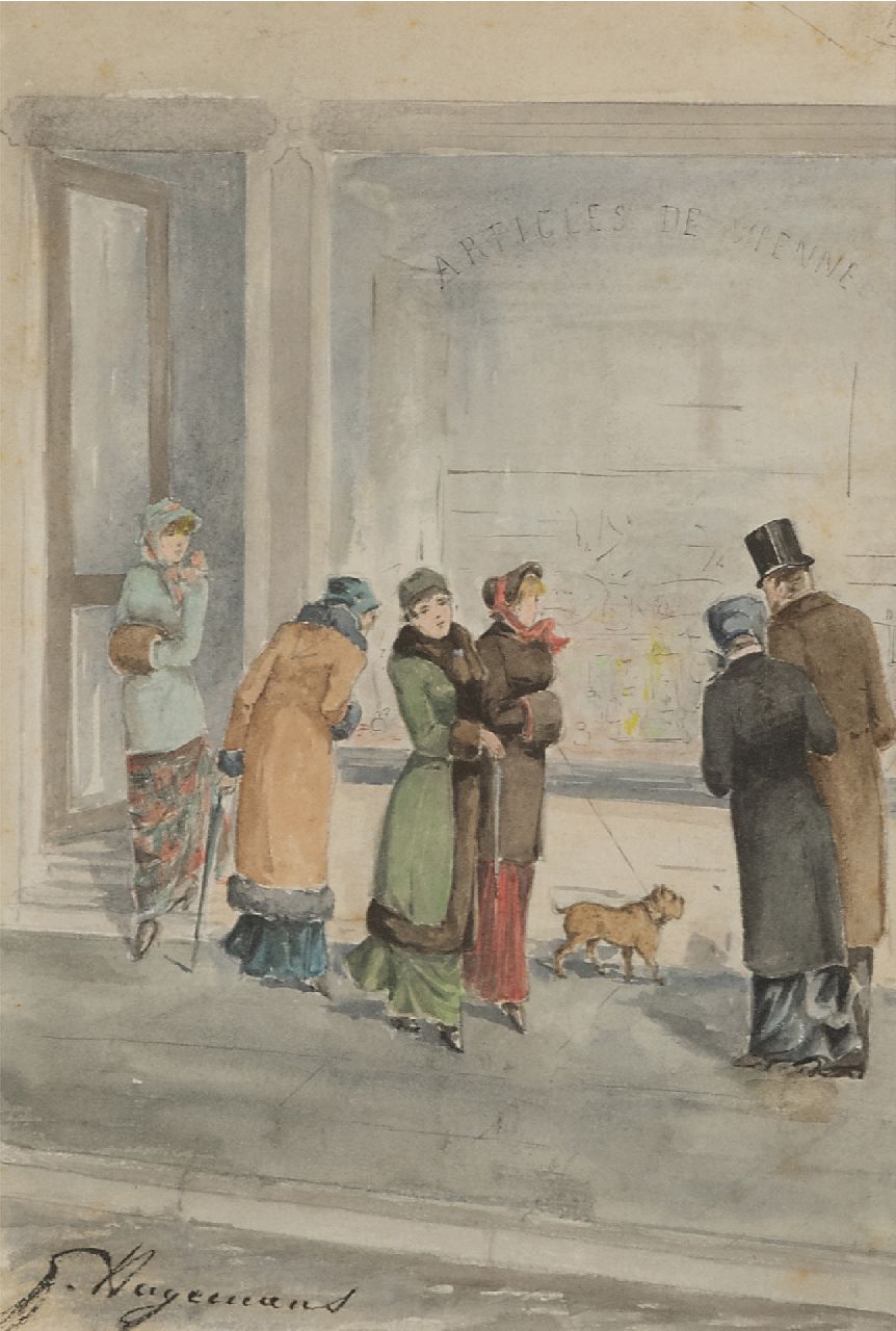 Germaine Hagemans | Elegante figuren voor een etalage, aquarel op papier, 25,0 x 18,0 cm, gesigneerd l.o.