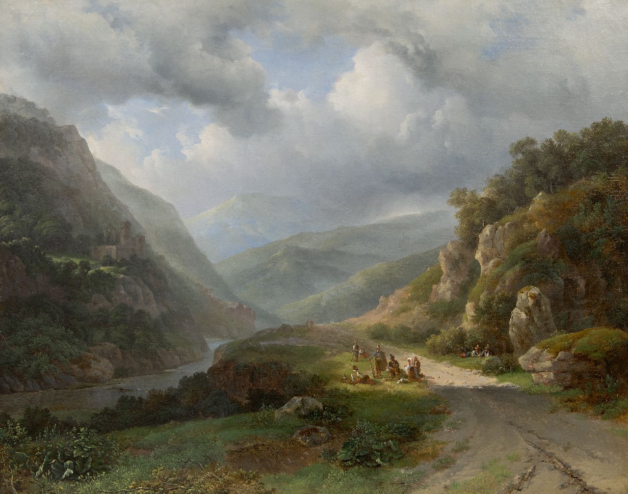 Meijer J.H.L.  | Johan Hendrik 'Louis' Meijer | Paintings offered for sale | Mountain landscape with figures, oil on canvas 67.4 x 84.7 cm, signed c.l.