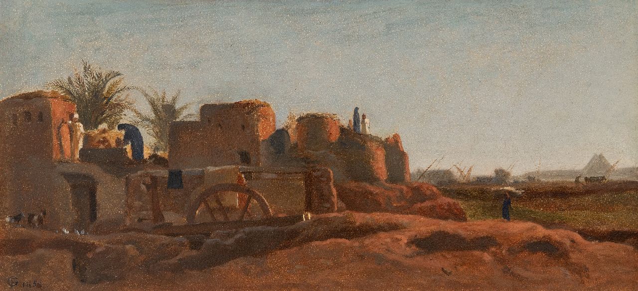 Frederick Goodall | Dorp langs de Nijl, papier op doek, 17,9 x 38,2 cm, gesigneerd met monogram en gedateerd 1858, zonder lijst