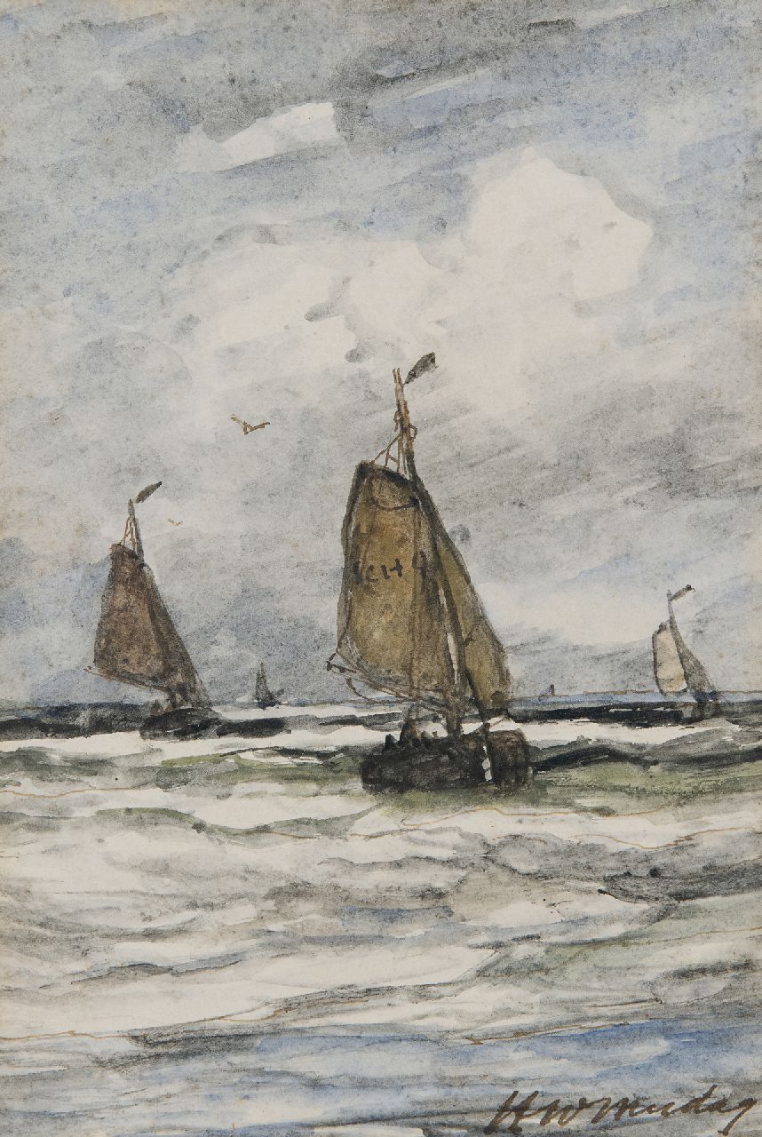 Mesdag H.W.  | Hendrik Willem Mesdag, Return of the fishing fleet of Scheveningen, in front the SCH-9, brown ink and watercolour on paper 19.5 x 15.5 cm, signed l.r.