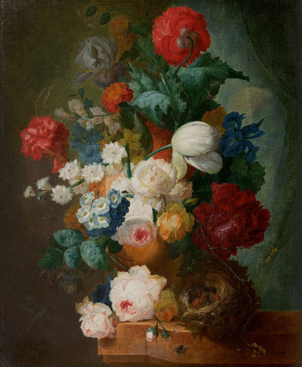 Os J. van | Jan van Os | Paintings offered for sale | Still life with roses, poppies and bird's nest, oil on canvas 66.3 x 55.0 cm, signed l.l. (bears feaded  signature) and circa 1765