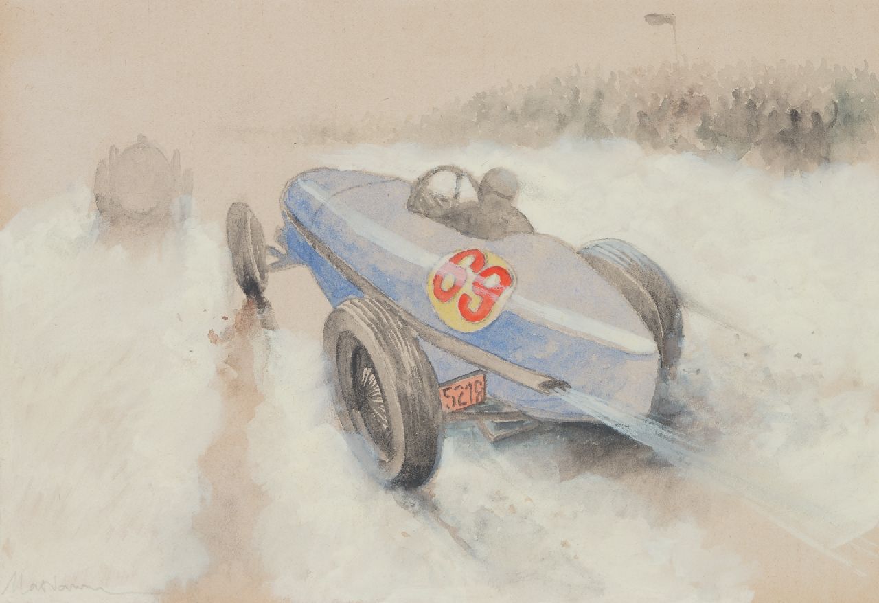 Onbekend   | Onbekend | Aquarellen en tekeningen te koop aangeboden | Raceauto nr. 69 in actie  (set van 5), potlood, aquarel en gouache op papier 20,0 x 29,1 cm, gesigneerd linksonder