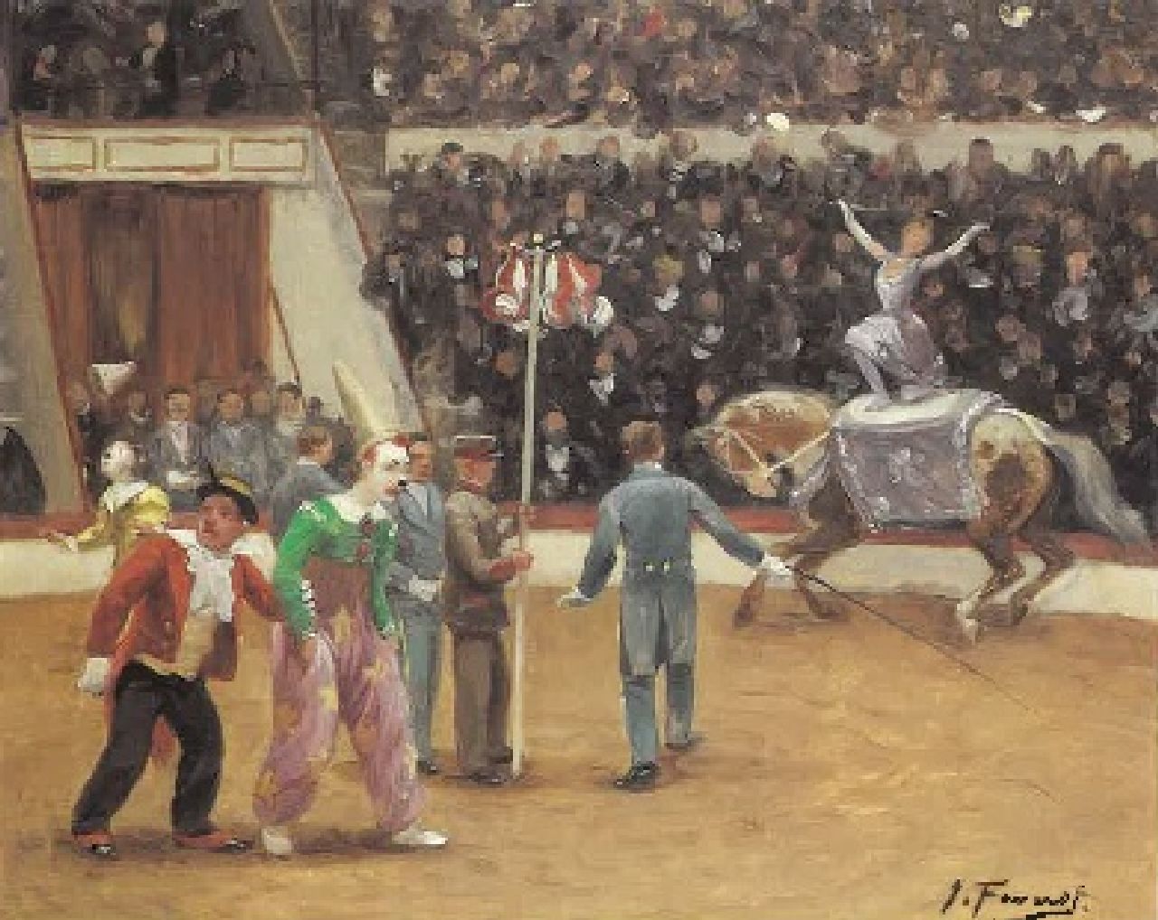 Faverot J.  | Joseph Faverot, Circusvoorstelling, olieverf op paneel 37,5 x 46,0 cm, gesigneerd rechtsonder