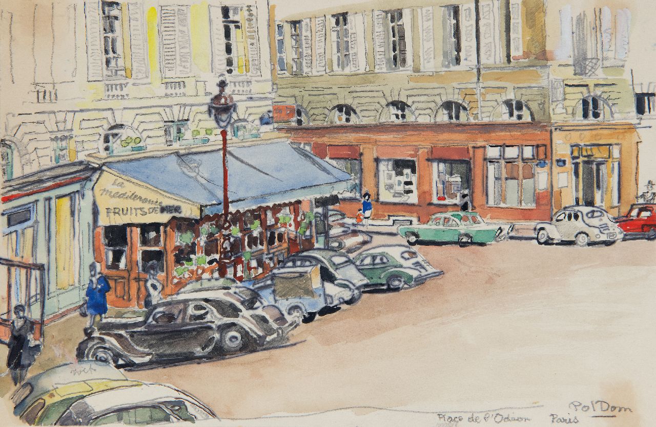 Dom P.L.C.  | Paulus Ludovicus Carolus 'Pol' Dom | Watercolours and drawings offered for sale | Place de l'Odéon in Paris, with vintage cars, pencil, pen, ink and watercolour on paper 16.3 x 24.6 cm, signed l.r.