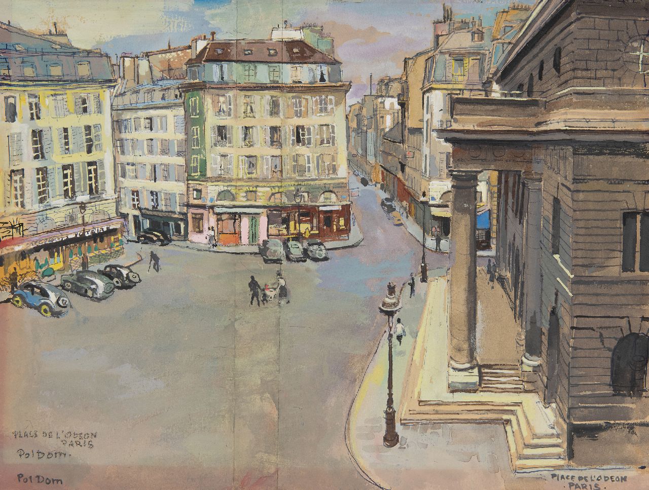 Dom P.L.C.  | Paulus Ludovicus Carolus 'Pol' Dom |  te koop aangeboden | Place de l'Odéon met Théâtre de l'Odéon in Parijs, aquarel en inkt op papier 27,8 x 35,9 cm, gesigneerd linksonder (tweemaal)