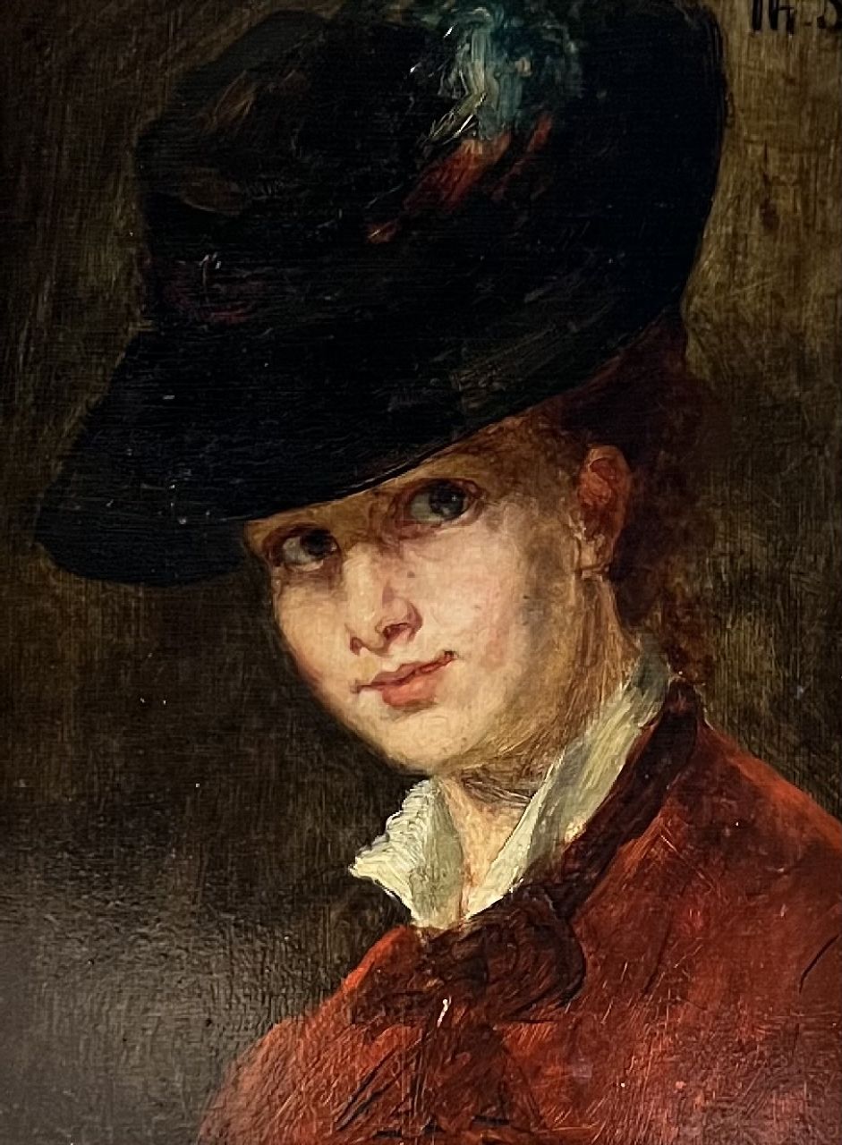 Schwartze T.  | Thérèse Schwartze | Paintings offered for sale | Portrait of Lizzy Ansingh with hat, oil on panel 24.0 x 17.9 cm, signed u.r. with initials