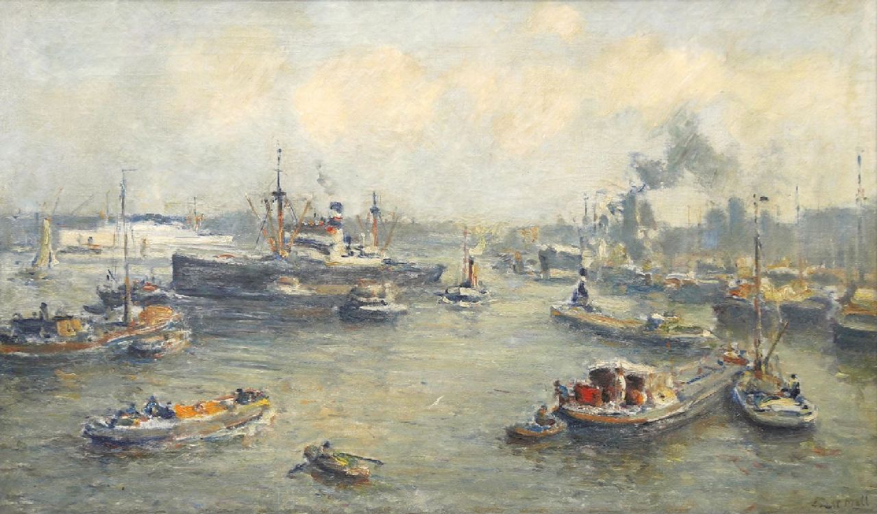 Moll E.  | Evert Moll | Schilderijen te koop aangeboden | Bedrijvigheid in de Rotterdamse haven, olieverf op doek 60,1 x 100,4 cm, gesigneerd rechtsonder