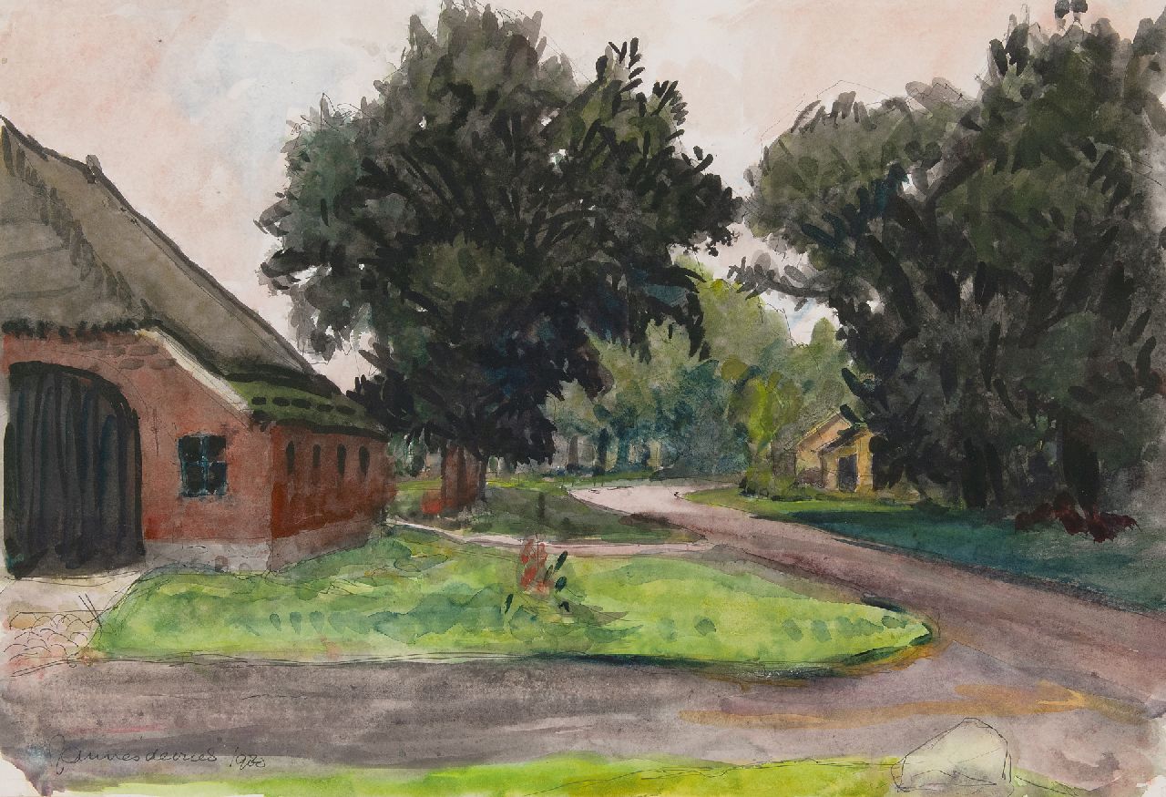 Vries J. de | Jannes de Vries | Aquarellen en tekeningen te koop aangeboden | Boerenerf in Drenthe, pen en inkt en aquarel op papier 41,6 x 60,1 cm, gesigneerd linksonder en gedateerd 1980