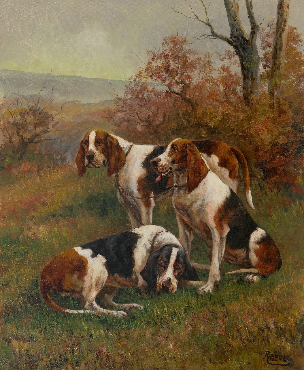 Reeves W.  | Walter Reeves | Schilderijen te koop aangeboden | Rustende jachthonden, olieverf op doek 73,0 x 60,0 cm, gesigneerd rechtsonder en zonder lijst