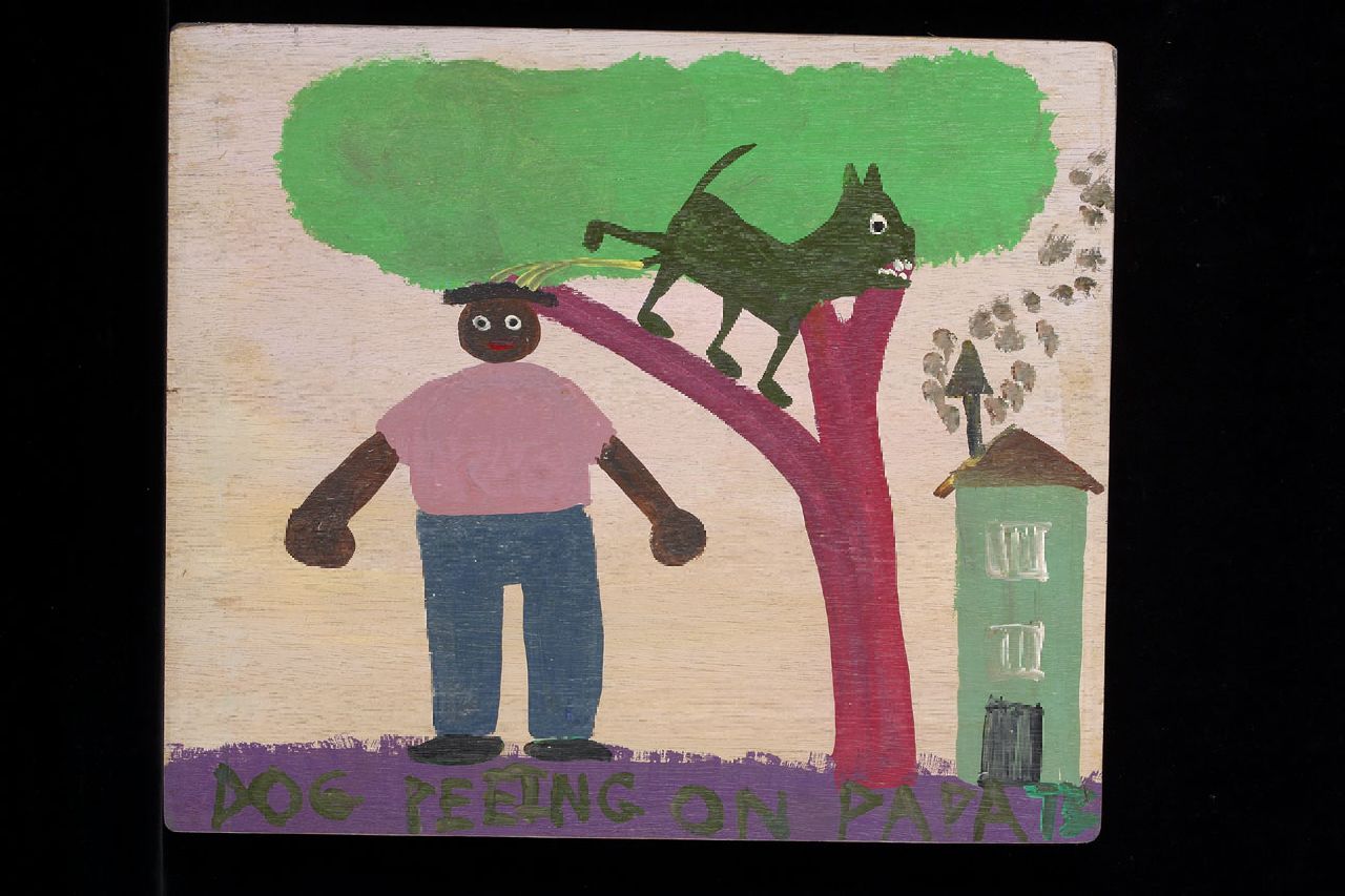 Brown T.  | Timothy 'Tim' Brown, Dog peeing on papa, acryl op paneel 40,0 x 47,0 cm, gesigneerd rechtsonder met initialen