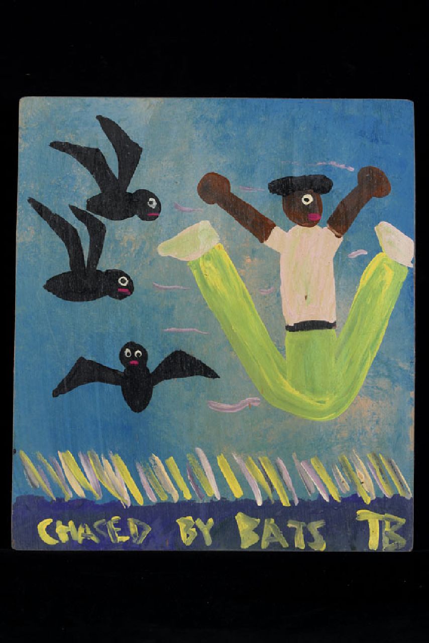 Brown T.  | Timothy 'Tim' Brown, Chased by bats, acryl op paneel 40,0 x 36,0 cm, gesigneerd rechtsonder met initialen