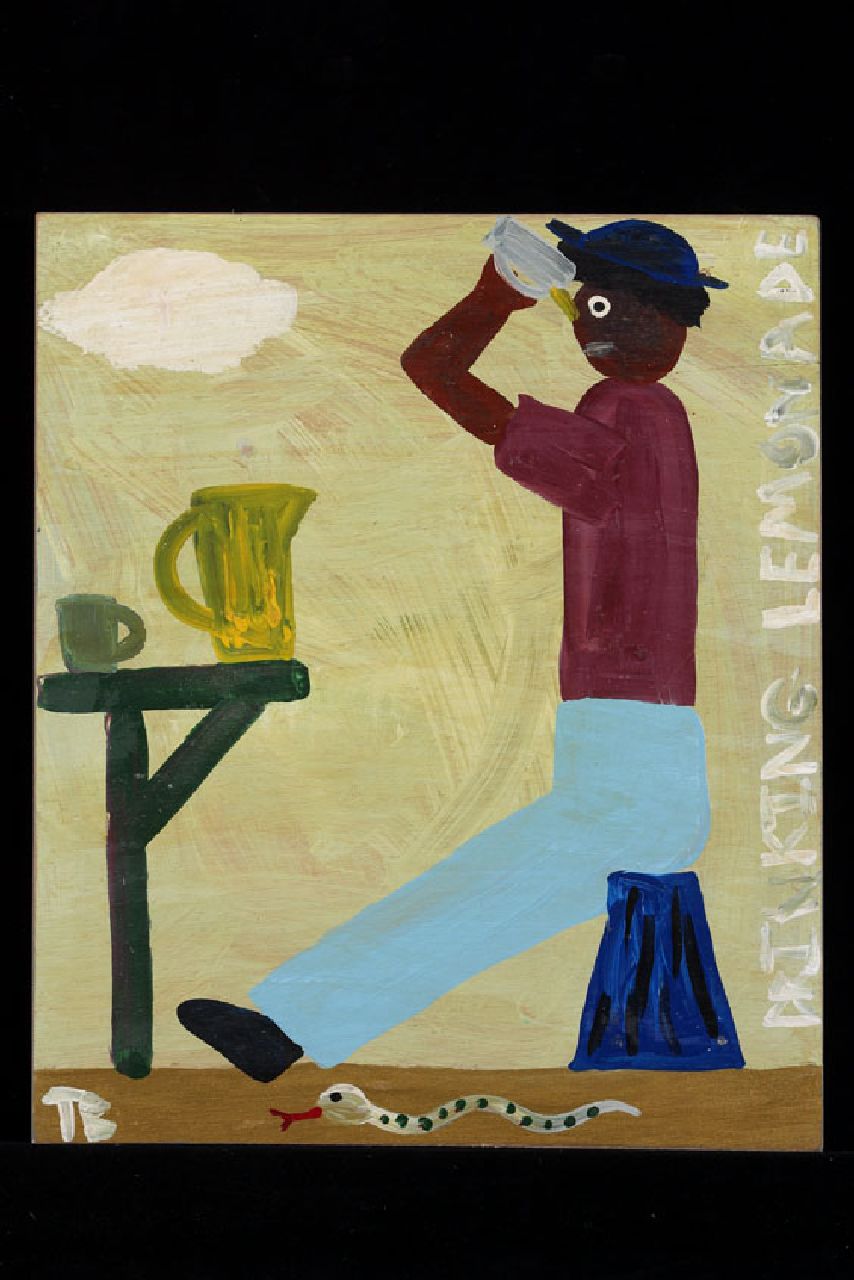 Brown T.  | Timothy 'Tim' Brown, Drinking lemonade, acryl op paneel 43,0 x 36,0 cm, gesigneerd linksonder met initialen