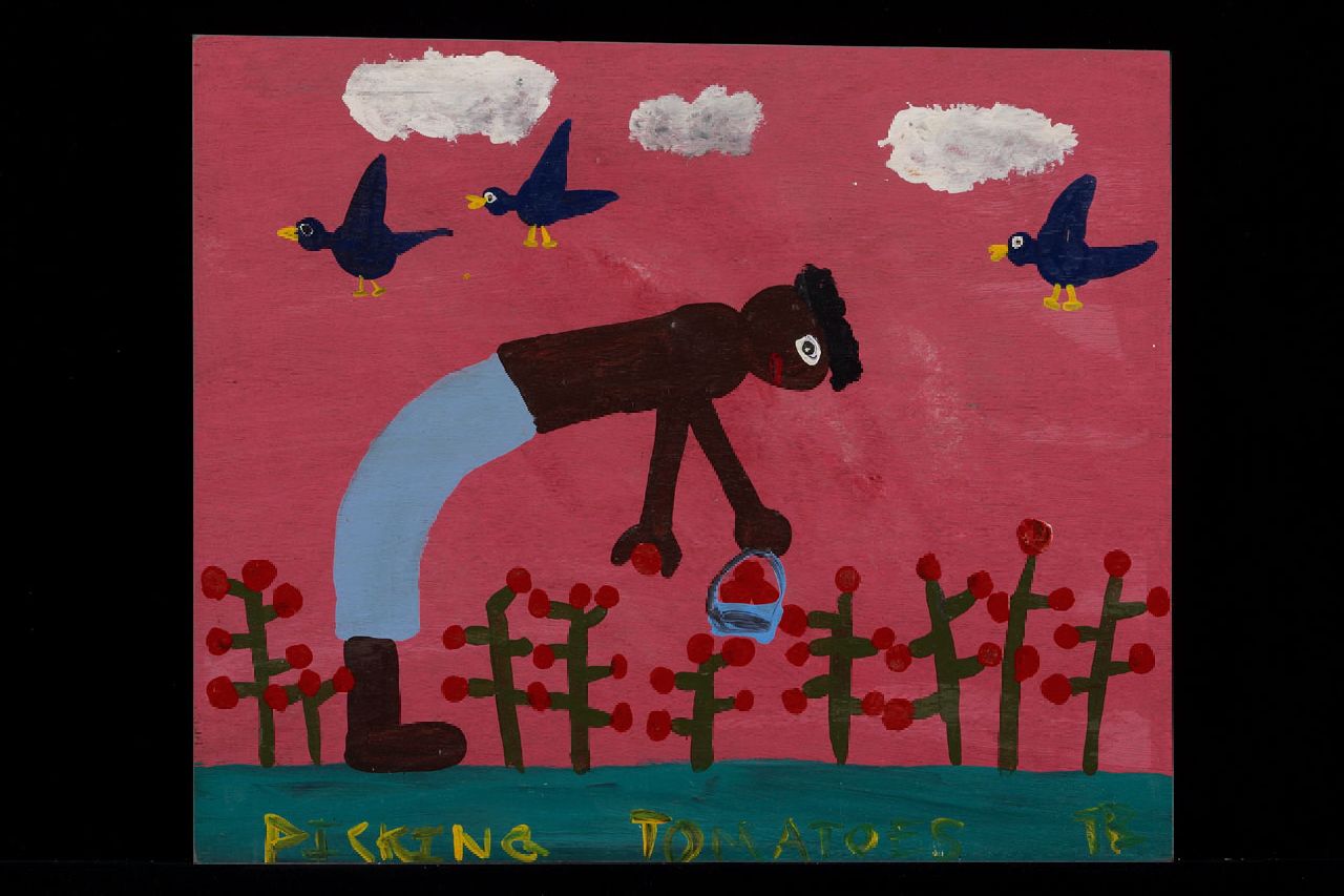 Brown T.  | Timothy 'Tim' Brown, Picking tomatoes, acryl op paneel 34,0 x 40,0 cm, gesigneerd rechtsonder met initialen
