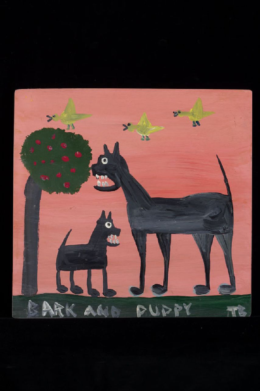 Brown T.  | Timothy 'Tim' Brown, Bark and puppy, acryl op paneel 41,0 x 43,0 cm, gesigneerd rechtsonder met initialen