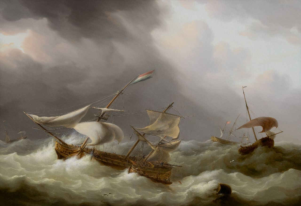 Martinus Schouman | Sailing ships in a storm, oil on panel, 51.1 x 71.7 cm, signed l.l.
