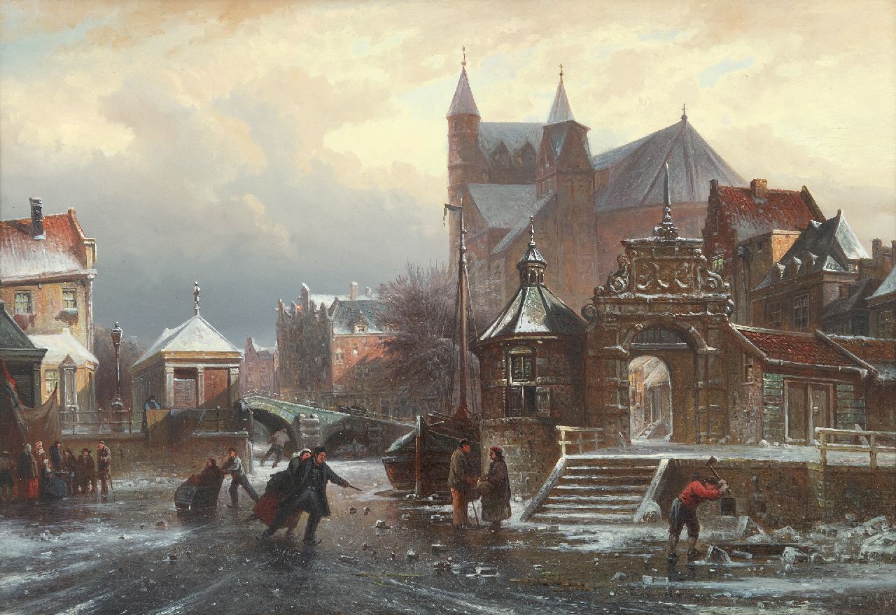 Elias Pieter van Bommel | Skating fun on a frozen canal in a town, oil on panel, 36.7 x 54.4 cm, signed l.r. and dated '72, without frame