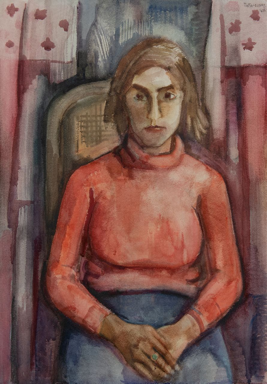 Piet Wiegman | Zittende vrouw in  rode trui, aquarel op papier, 100,0 x 68,8 cm, gesigneerd r.b. en gedateerd 1936