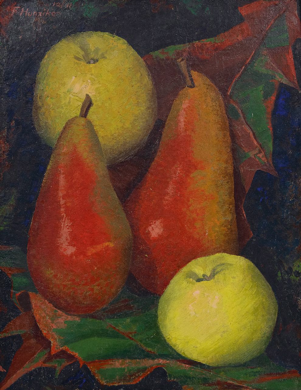 Hunziker F.  | Frieda Hunziker | Schilderijen te koop aangeboden | Stilleven met appels en peren, olieverf op board 36,0 x 28,0 cm, gesigneerd linksboven en gedateerd 10/41