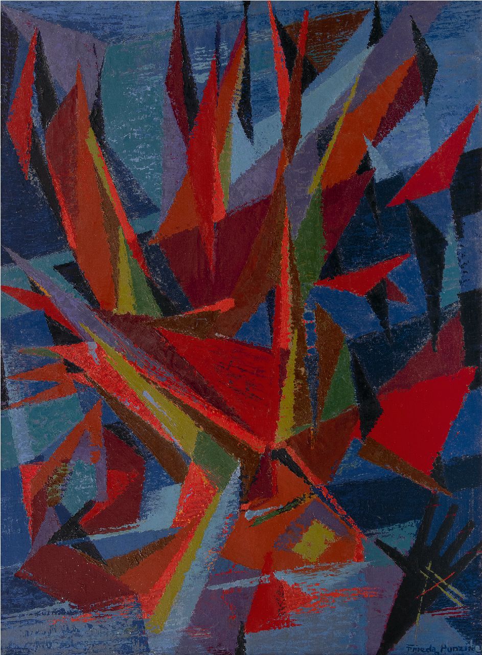 Hunziker F.  | Frieda Hunziker, Compositie met schepen, olieverf op doek 100,2 x 75,7 cm, gesigneerd rechtsonder en verso en gedateerd 8.1.47