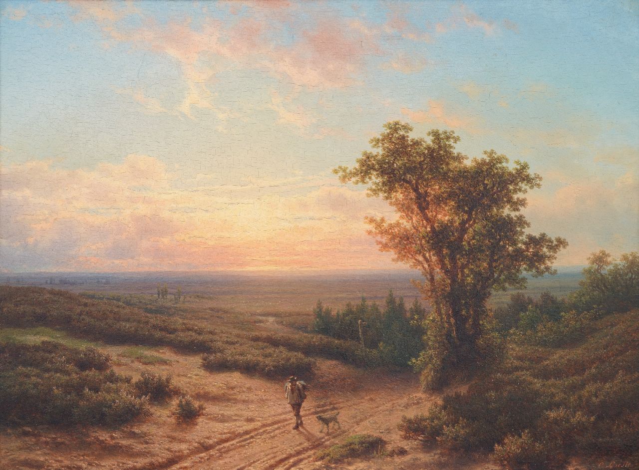 Lieste C.  | Cornelis Lieste, An evening walk on the heath, oil on panel 35.0 x 46.1 cm, signed l.r.