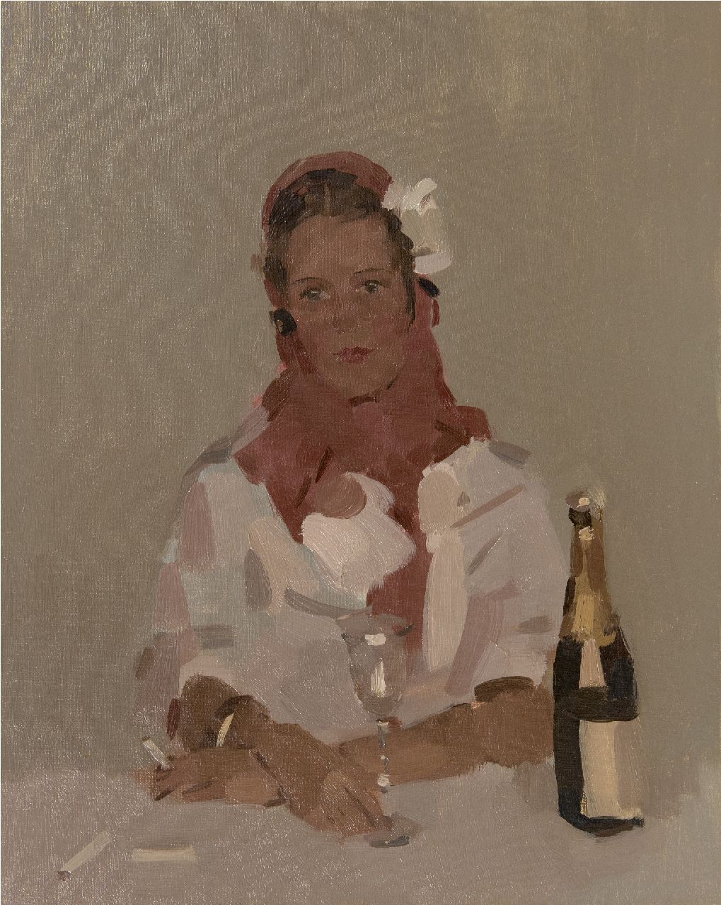 Verdonk F.W.  | Frederik Willem 'Frits' Verdonk | Schilderijen te koop aangeboden | Vrouw met sigaret en champagnefles, olieverf op doek 50,2 x 40,1 cm