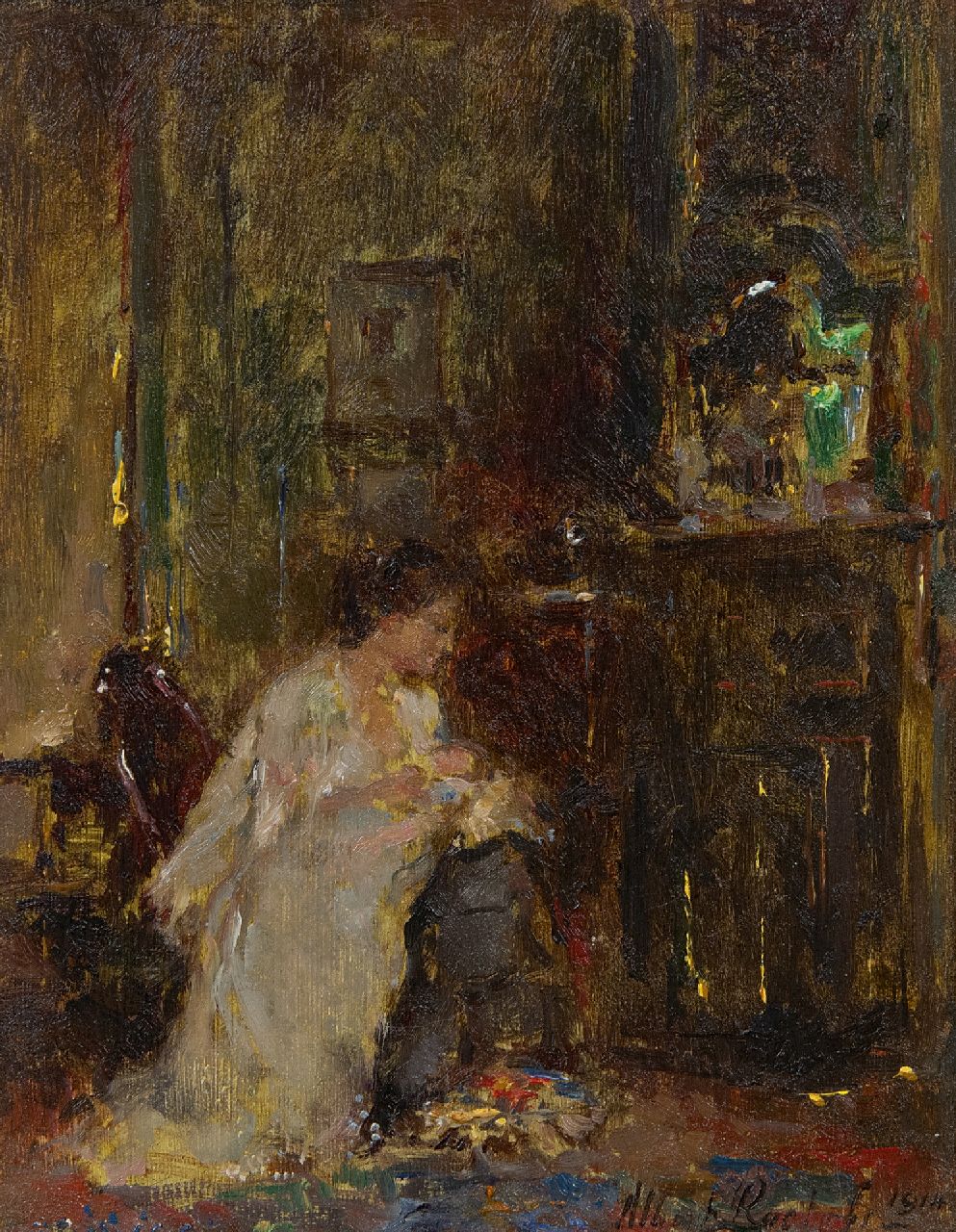 Roelofs O.W.A.  | Otto Willem Albertus 'Albert' Roelofs | Paintings offered for sale | Woman in an interior, oil on panel 17.8 x 13.8 cm, signed l.r. and dated 1914