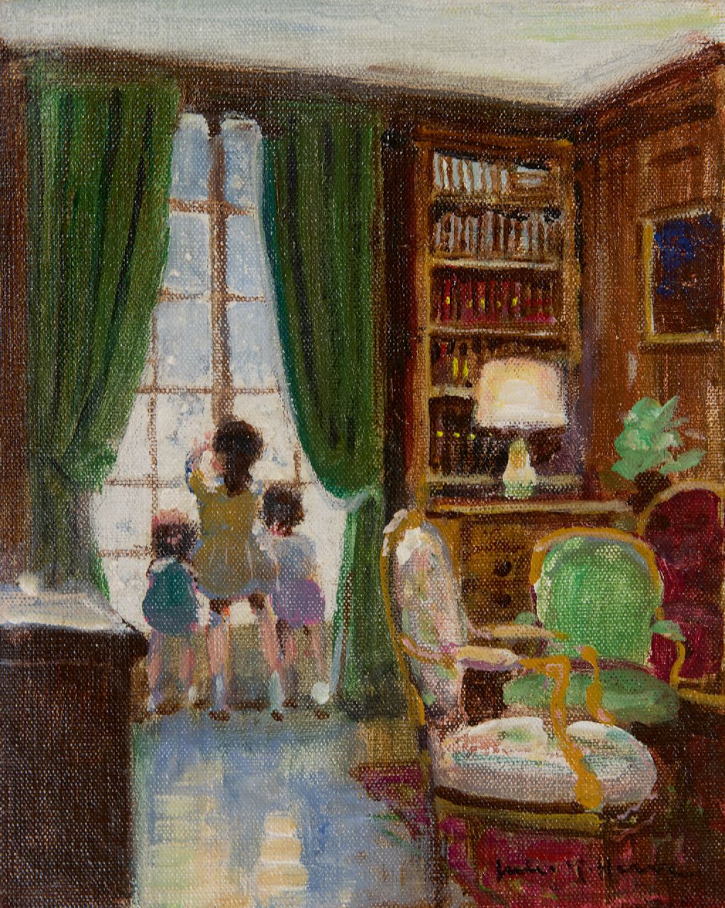 Hervé J.R.  | Jules René Hervé | Schilderijen te koop aangeboden | Enfants fenêtré, olieverf op doek 27,4 x 22,4 cm, gesigneerd rechtsonder en verso