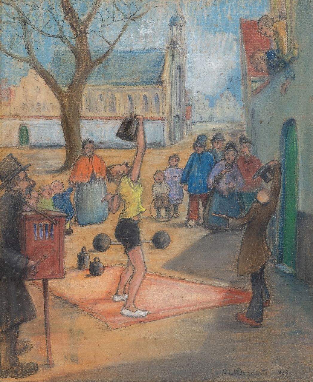 Bogaerts F.  | Fred Bogaerts | Aquarellen en tekeningen te koop aangeboden | Straatartiesten, gouache op papier 31,2 x 25,7 cm, gesigneerd rechtsonder en gedateerd 1923