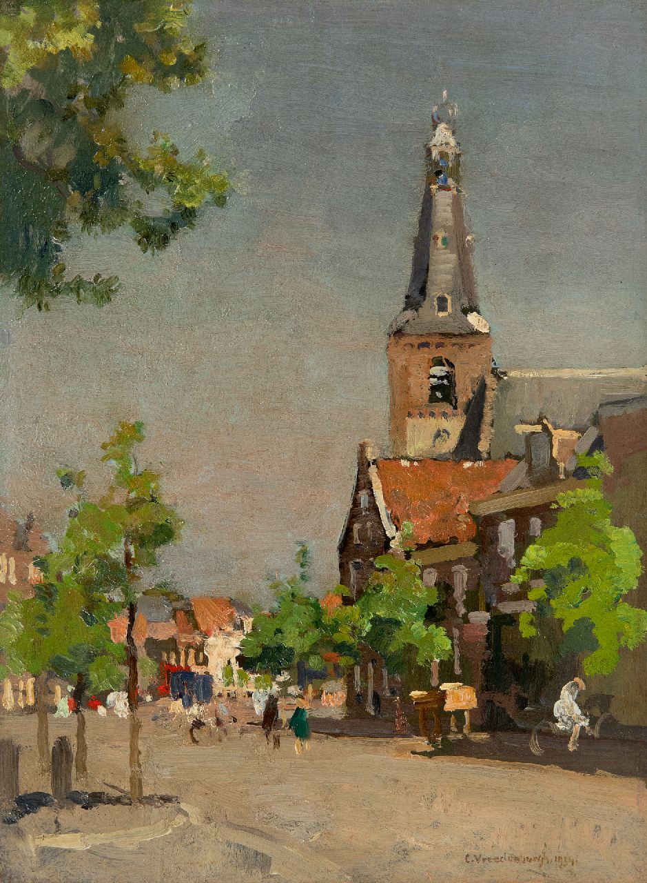 Vreedenburgh C.  | Cornelis Vreedenburgh | Schilderijen te koop aangeboden | Gezicht op Weesp met de toren van de Laurenskerk, olieverf op paneel 28,5 x 21,3 cm, gesigneerd rechtsonder en gedateerd 1934