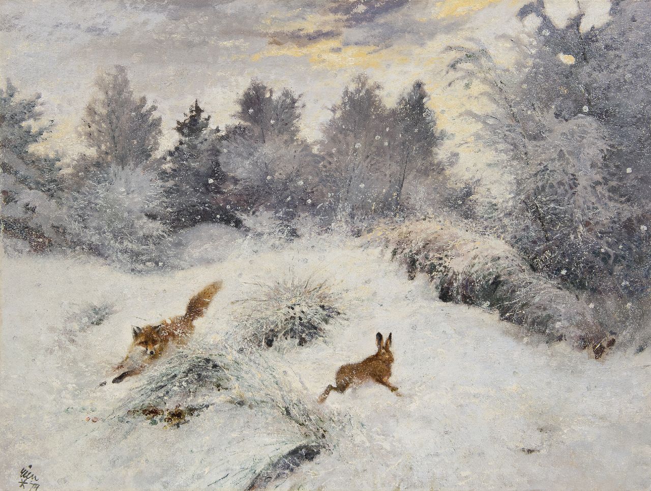 Poortvliet R.  | Rien Poortvliet, Hunting fox in a snowy landscape, oil on canvas 60.4 x 79.9 cm, signed l.l. and without frame
