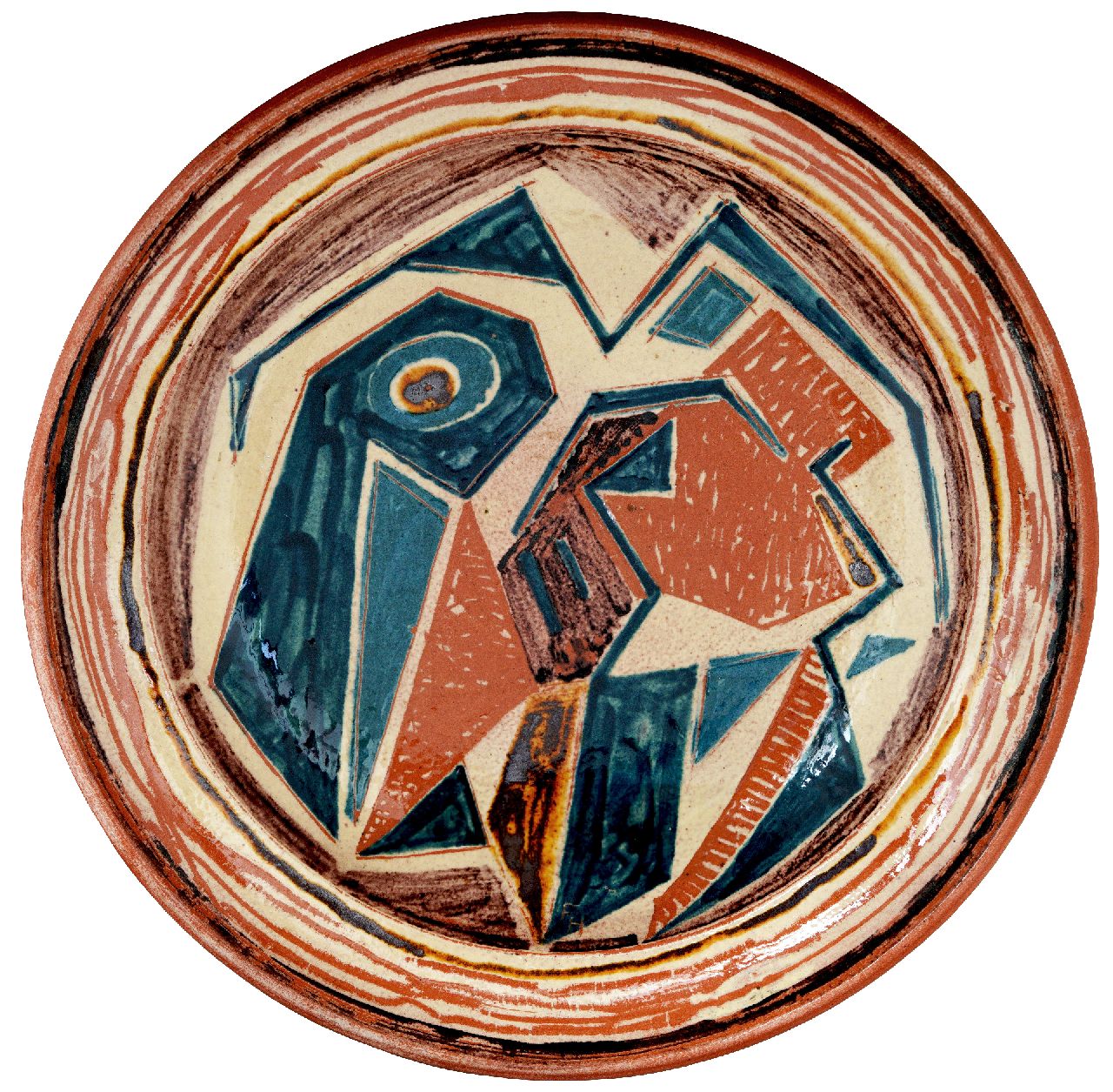 Hunziker F.  | Frieda Hunziker | Beelden en objecten te koop aangeboden | Keramieken schaal met compositie, geglazuurd aardewerk 34,2 x 34,2 cm