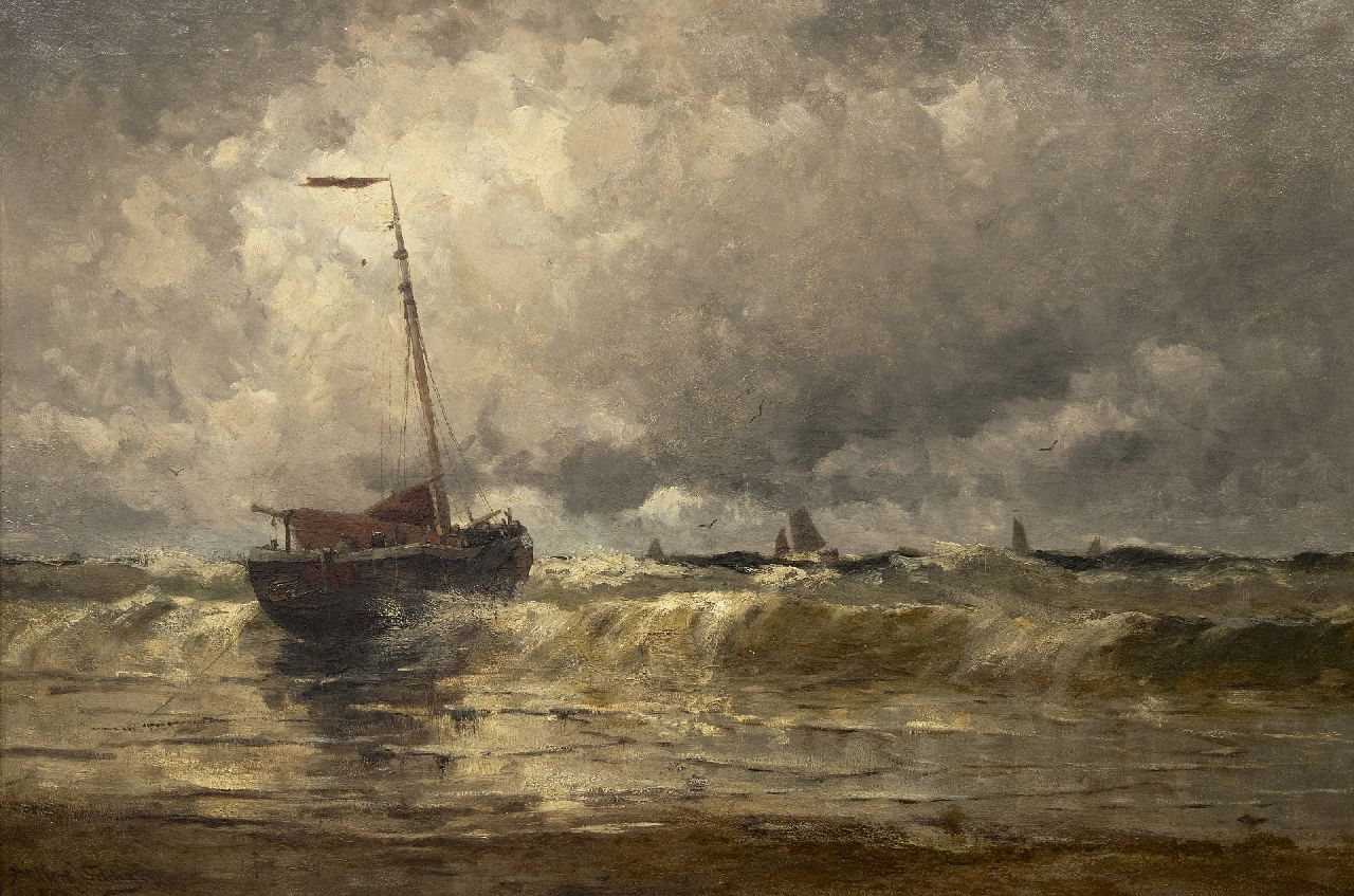 Willem Johannes Schütz | Ships in the surf, oil on canvas, 80.5 x 120.4 cm, signed l.l. and dated 1880