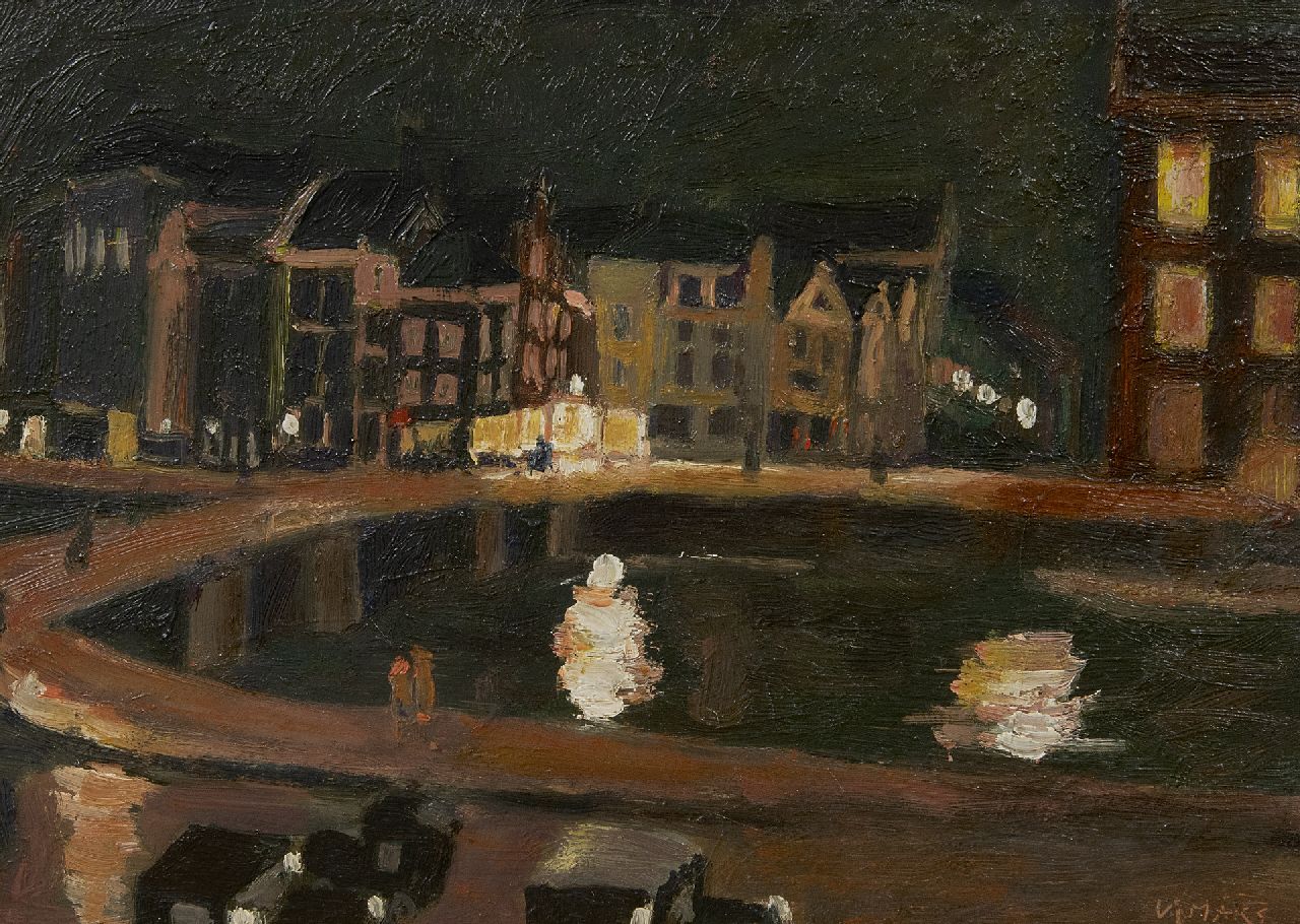 Maks C.J.  | Cornelis Johannes 'Kees' Maks | Schilderijen te koop aangeboden | Het Rokin te Amsterdam, bij avond, olieverf op board 23,0 x 32,2 cm, gesigneerd rechtsonder