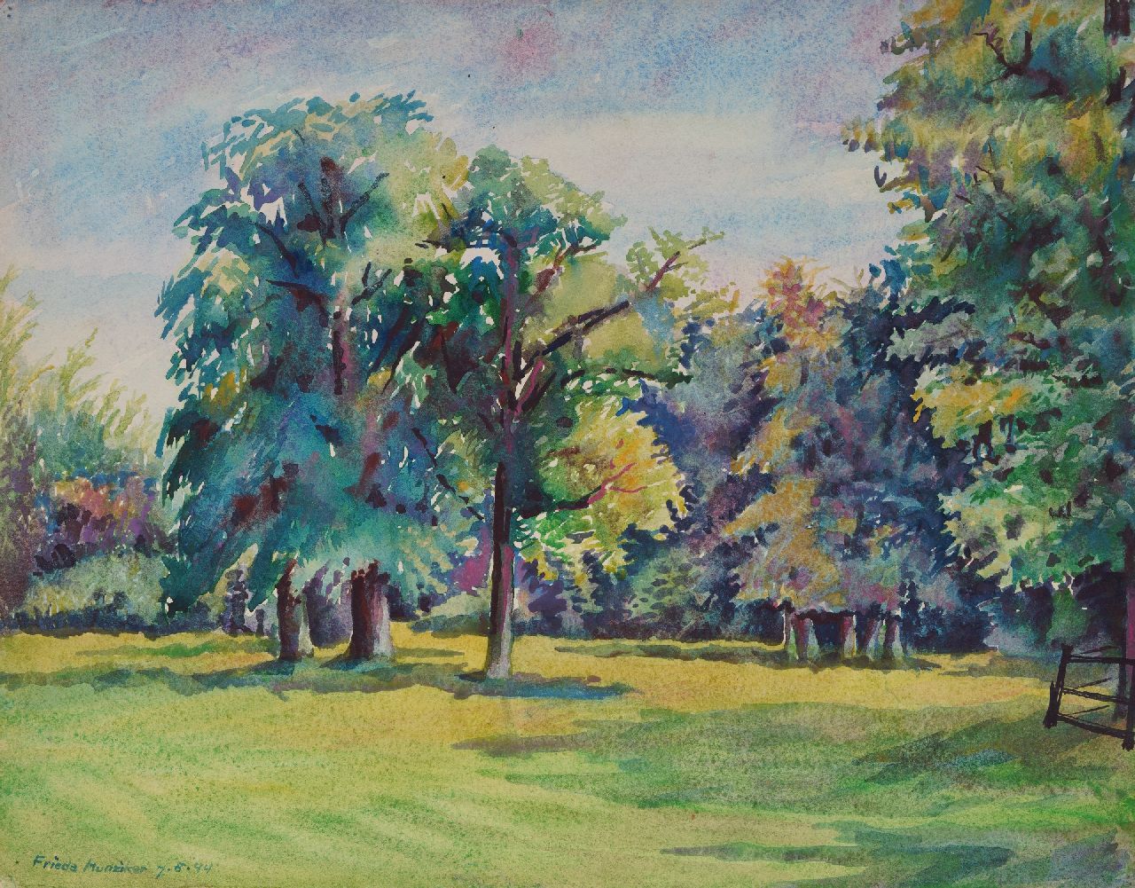 Hunziker F.  | Frieda Hunziker | Aquarellen en tekeningen te koop aangeboden | Landschapspark van kasteel Twickel, Delden, aquarel op papier 34,9 x 44,8 cm, gesigneerd linksonder en gedateerd 7.8.'44