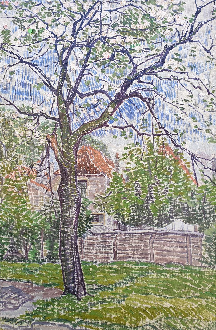 Pijpers E.E.  | 'Edith' Elizabeth Pijpers | Schilderijen te koop aangeboden | Tuin met appelboom in bloei, olieverf op doek 54,7 x 36,8 cm