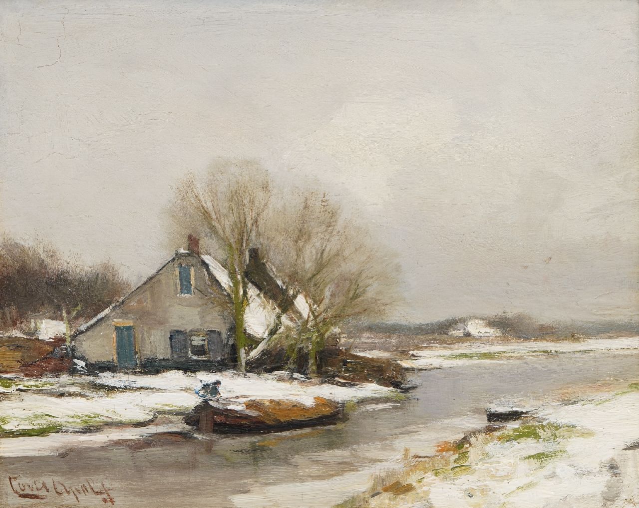 Apol L.F.H.  | Lodewijk Franciscus Hendrik 'Louis' Apol | Schilderijen te koop aangeboden | Boerderij in de sneeuw, olieverf op paneel 21,3 x 27,1 cm, gesigneerd linksonder