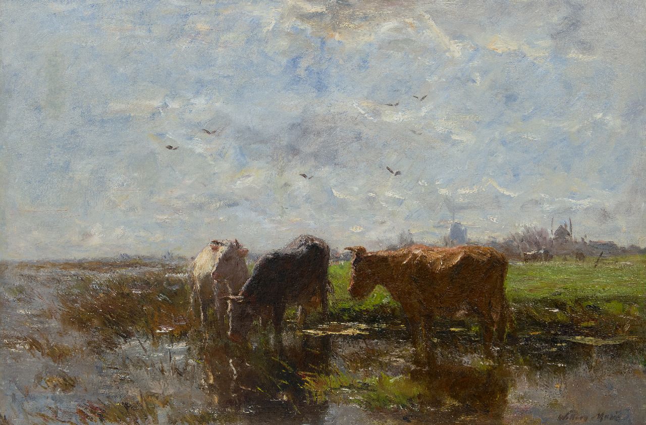 Maris W.  | Willem Maris, Drinkende koeien in een polderlandschap, olieverf op doek 58,2 x 85,2 cm, gesigneerd rechtsonder