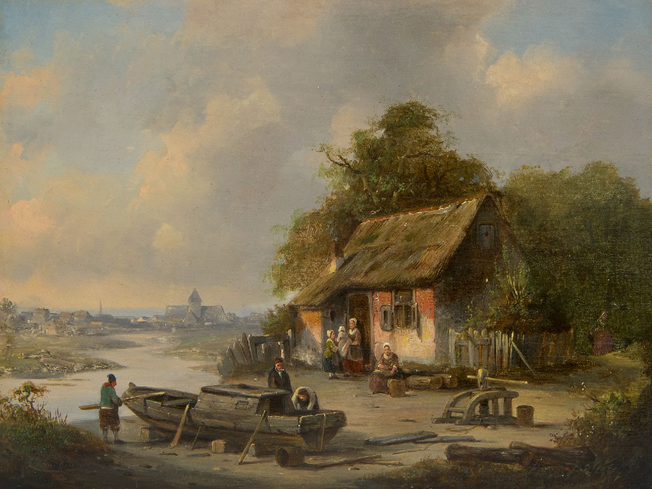 Carabain J.F.J.  | 'Jacques' François Joseph Carabain | Schilderijen te koop aangeboden | Rivierlandschap met bootbouw op een werfje, olieverf op paneel 19,3 x 25,3 cm, gesigneerd linksonder