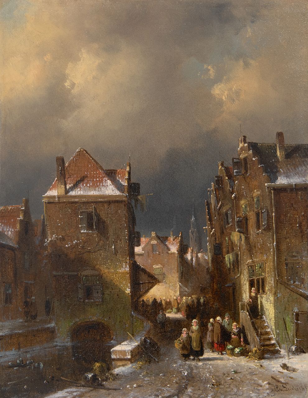 Leickert C.H.J.  | 'Charles' Henri Joseph Leickert | Schilderijen te koop aangeboden | Drukbevolkt winters straatje, olieverf op paneel 37,2 x 28,7 cm, gesigneerd rechtsonder en te dateren ca. 1855