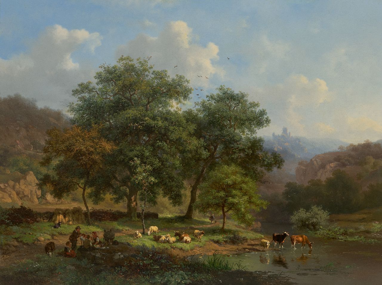 Kruseman F.M.  | Frederik Marinus Kruseman, Zomerlandschap met rustend landvolk en vee bij een rivier, olieverf op paneel 48,1 x 64,4 cm, gesigneerd linksonder