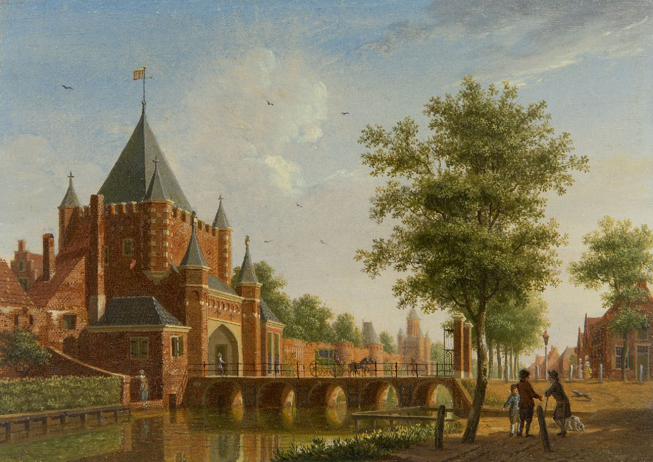 Ouwater I.  | Isaac Ouwater | Schilderijen te koop aangeboden | Gezicht op de Grote Houtpoort in Haarlem (pendant, uitsluitend tezamen), olieverf op paneel 13,8 x 19,6 cm, gesigneerd rechtsonder met monogram en (prijs is per pendant, verkoop alleen tezamen)