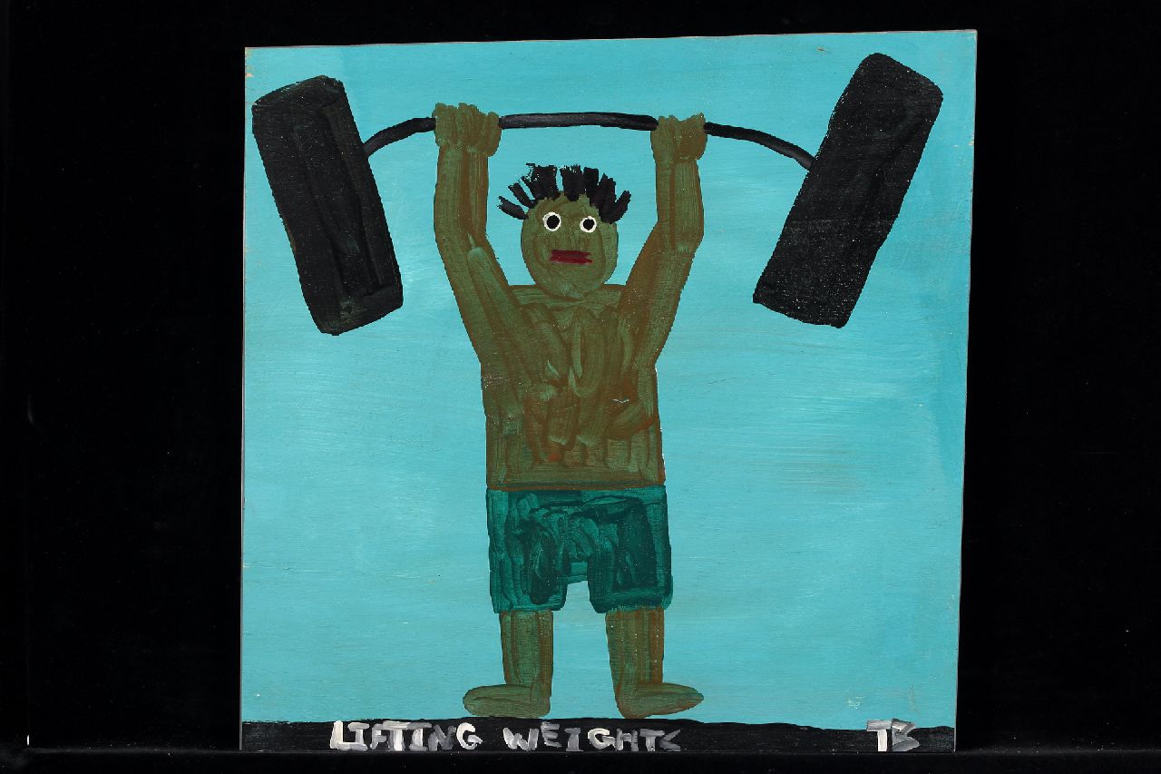 Brown T.  | Timothy 'Tim' Brown, Lifting weights, acryl op paneel 42,0 x 43,0 cm, gesigneerd rechtsonder met initialen