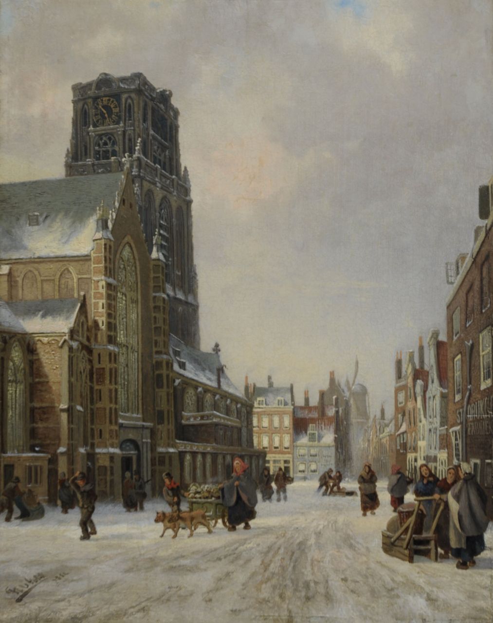 Gulik F.L. van | Franciscus Lodewijk van Gulik | Schilderijen te koop aangeboden | Winters gezicht in Rotterdam met de Sint-Laurenskerk en de molen De Noord, olieverf op paneel 40,5 x 32,4 cm, gesigneerd linksonder en gedateerd 1882